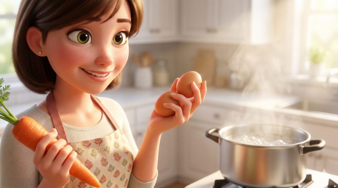 卵と野菜を一緒に茹でる女性