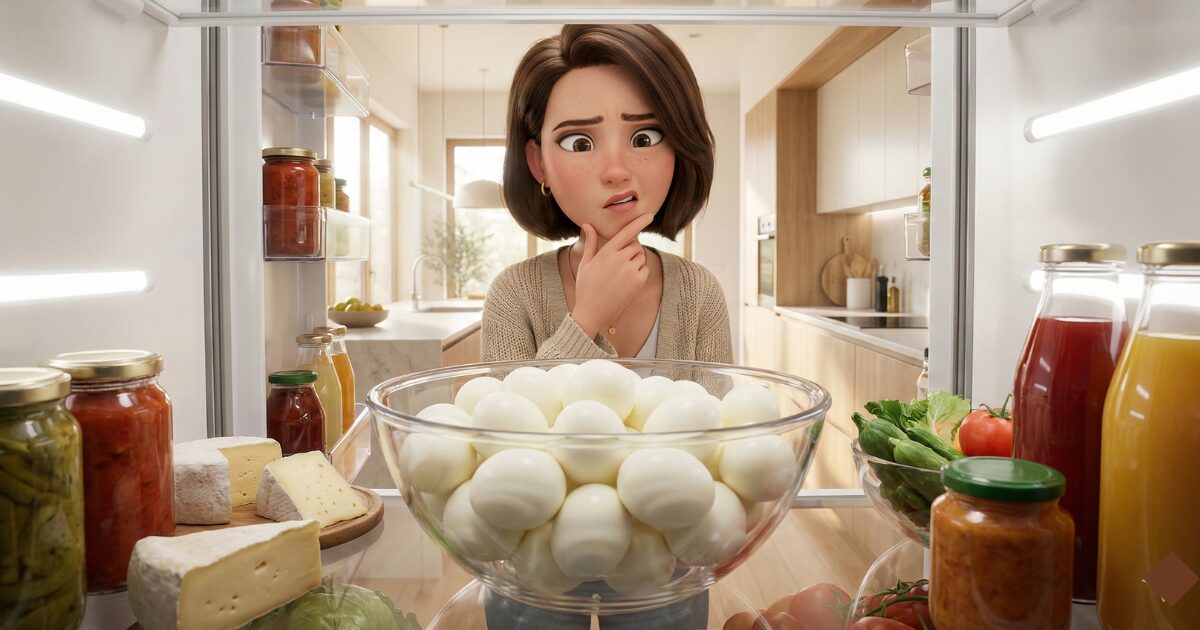 冷蔵庫のゆで卵を見て食べれるか迷っている主婦