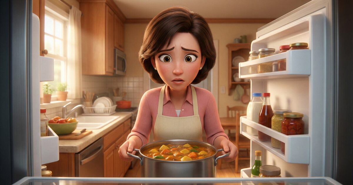 カレーを鍋ごと冷蔵庫で保存しようか迷っている主婦