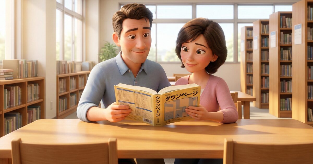 タウンページで個人の電話番号を調べている