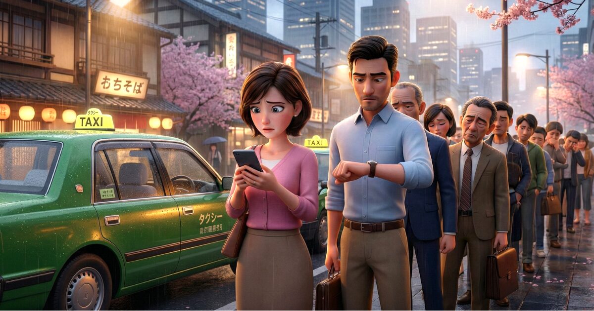 タクシー乗り場でなかなか来ないタクシーを待つ人々