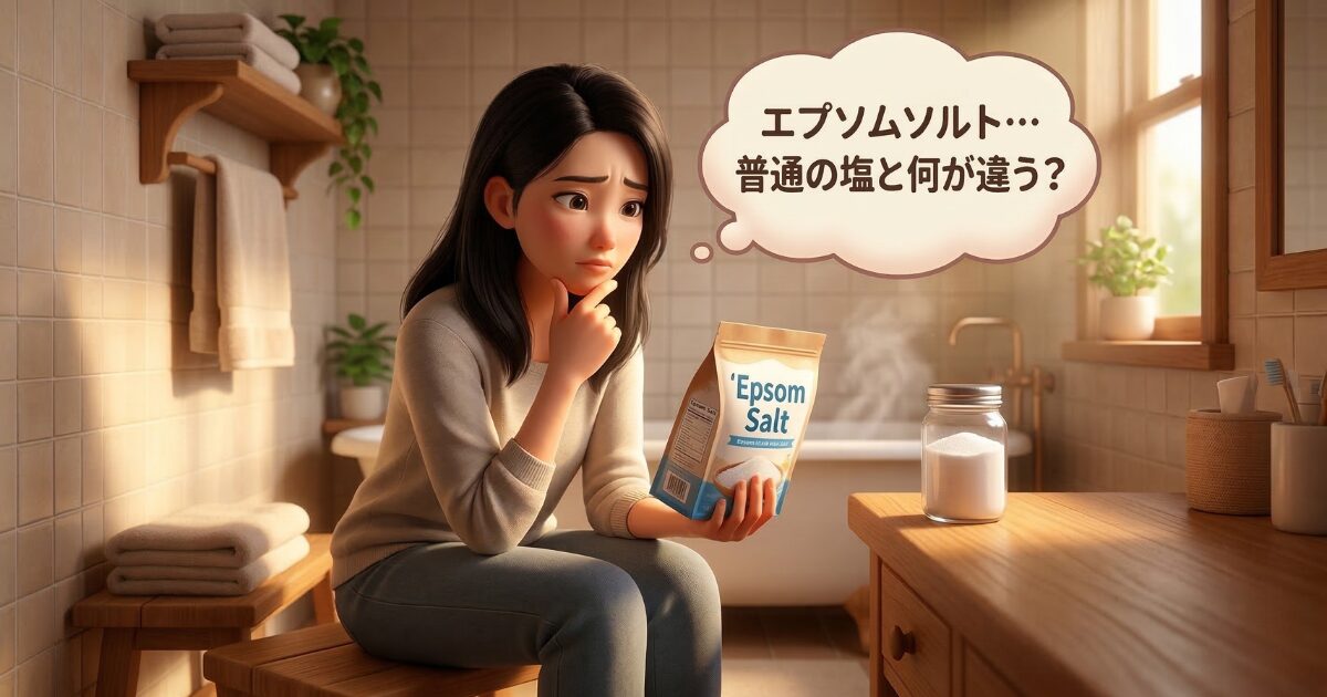 エプソムソルトと普通の塩の違いについて悩んでいる女性