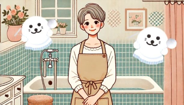 主婦が浴室にバスボンくんといる