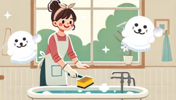 主婦が風呂掃除をしている