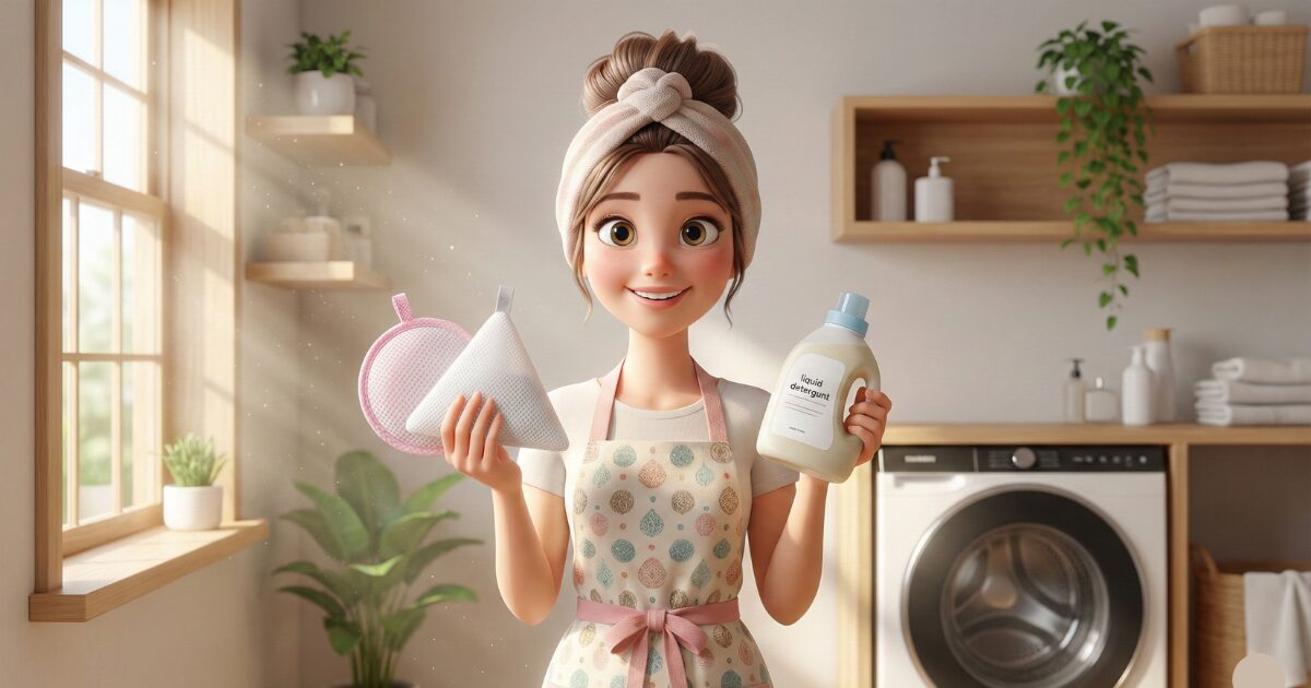 洗たくマグちゃんと洗剤の相乗効果を期待する主婦