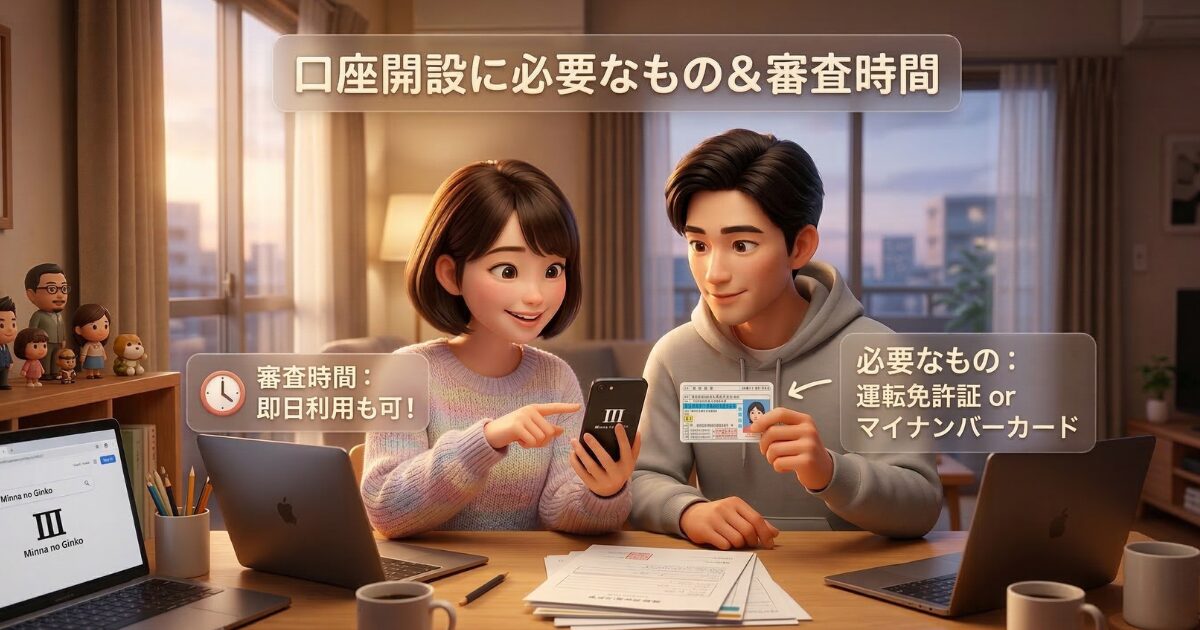 みんなの銀行の口座開設で準備するものと審査にかかる時間：即日利用の条件