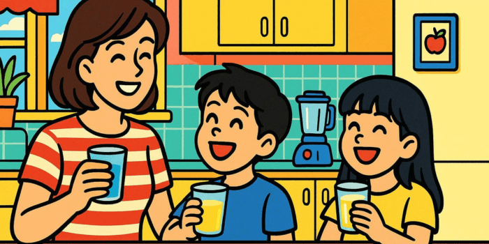 母親と子供が飲み物を飲んでいる