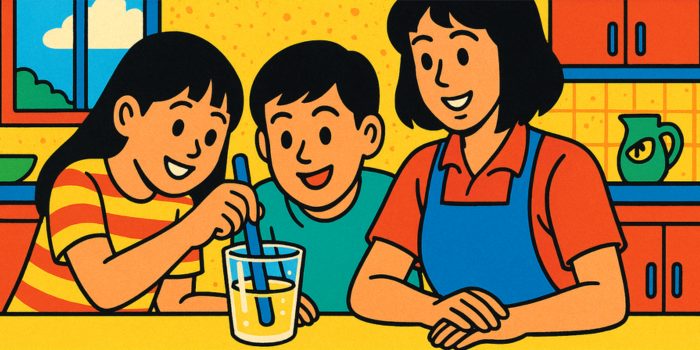 親子がキッチンで飲み物を作っている