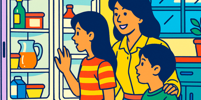 キッチンの冷蔵庫の中をみている