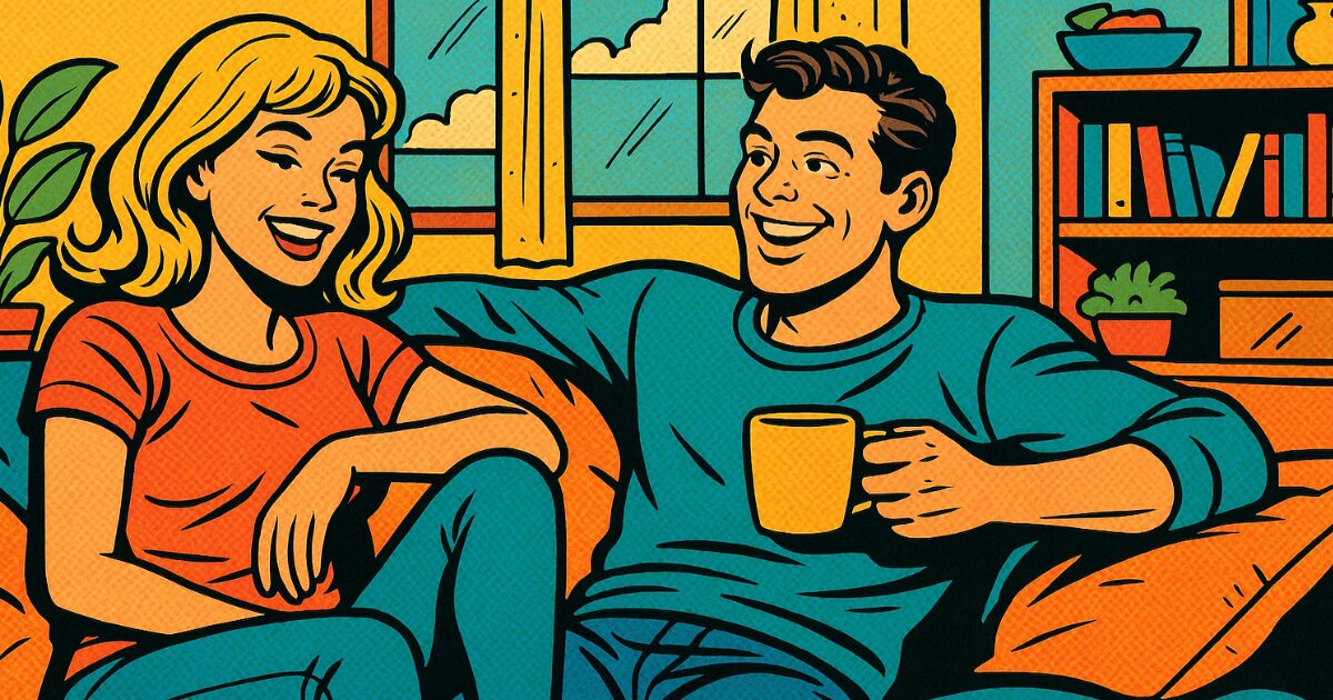 リビングルームでくつろぐカップル