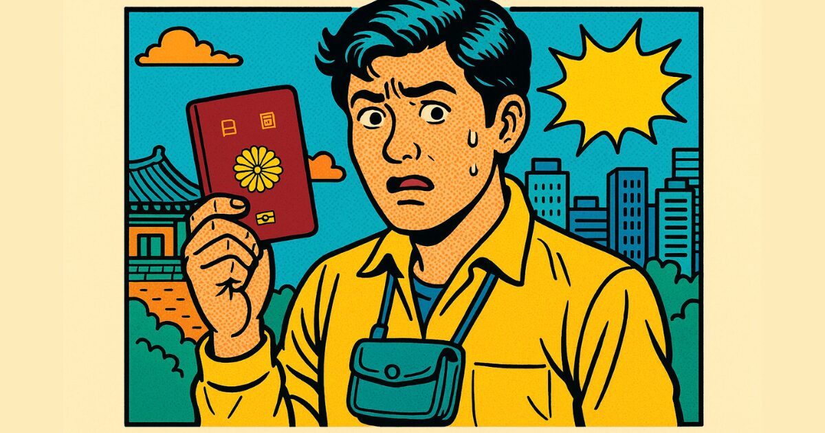 パスポートを持って韓国旅行をする男性
