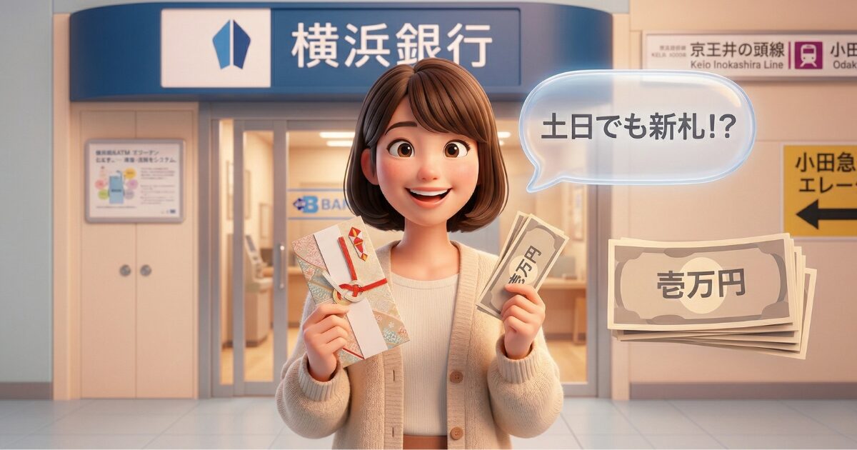 横浜銀行のATMで新札に両替する女性
