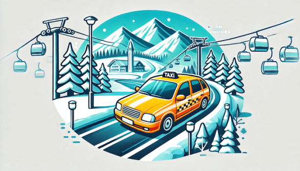 タクシーが冬の観光地を走っている