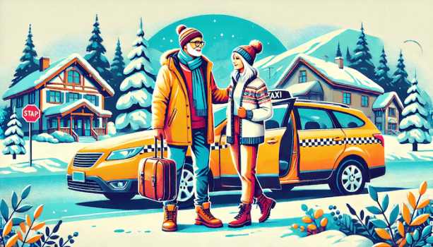 冬の観光地でタクシーに乗ろうとしている観光客