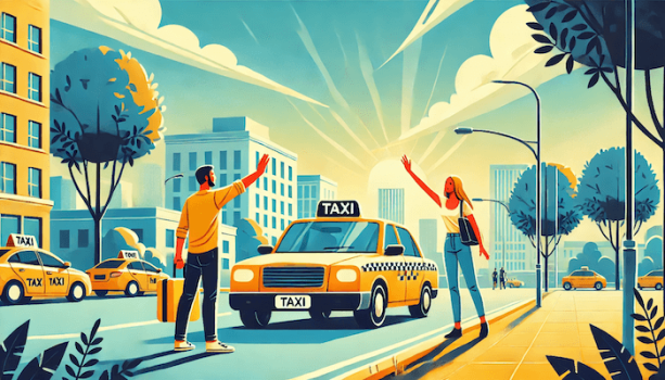 観光客がタクシーに手を挙げている