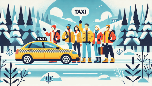 観光客が冬の観光地でタクシーを待っている