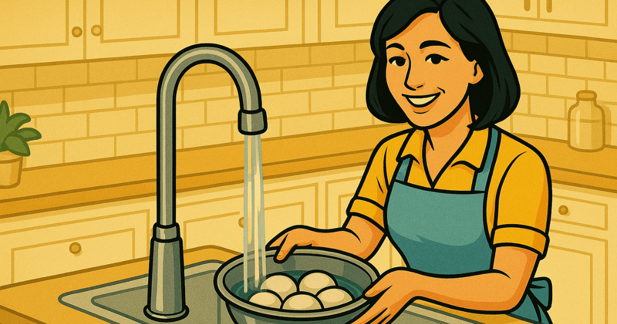 ゆで卵を冷やす主婦