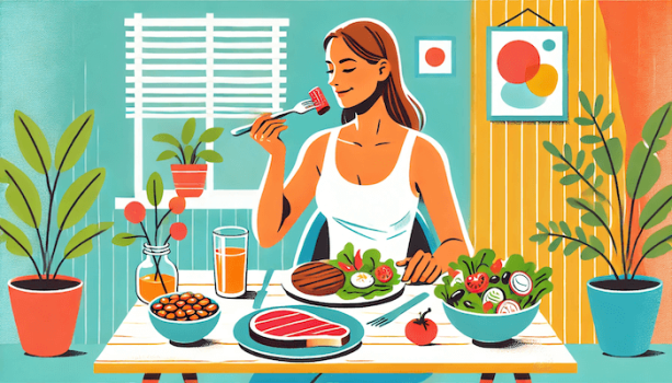 女性が健康な食事をしている