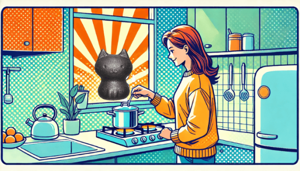 女性が鍋に鉄玉子をいれてお湯を沸かしている