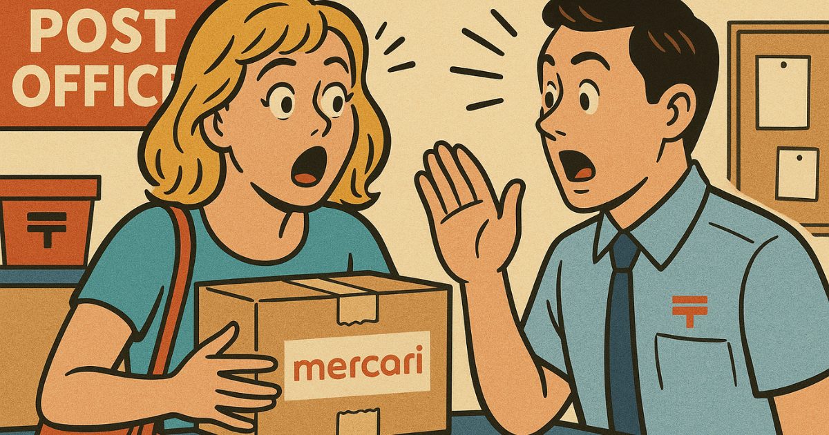 郵便局でメルカリの発送をする女性