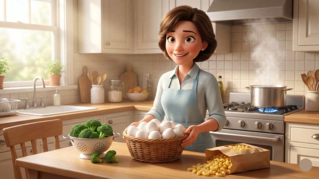 卵と野菜を一緒に茹でる女性