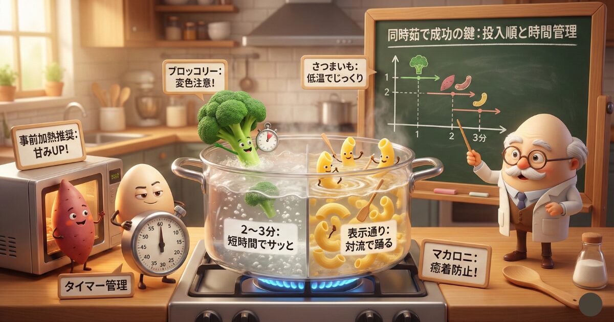 ゆで卵の同時調理タイムライン：ブロッコリーやマカロニの投入順